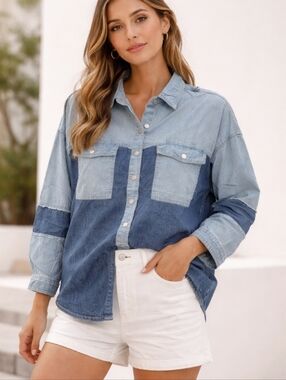 POL Two-Tone Denim Button-Up Shacket Oversized M